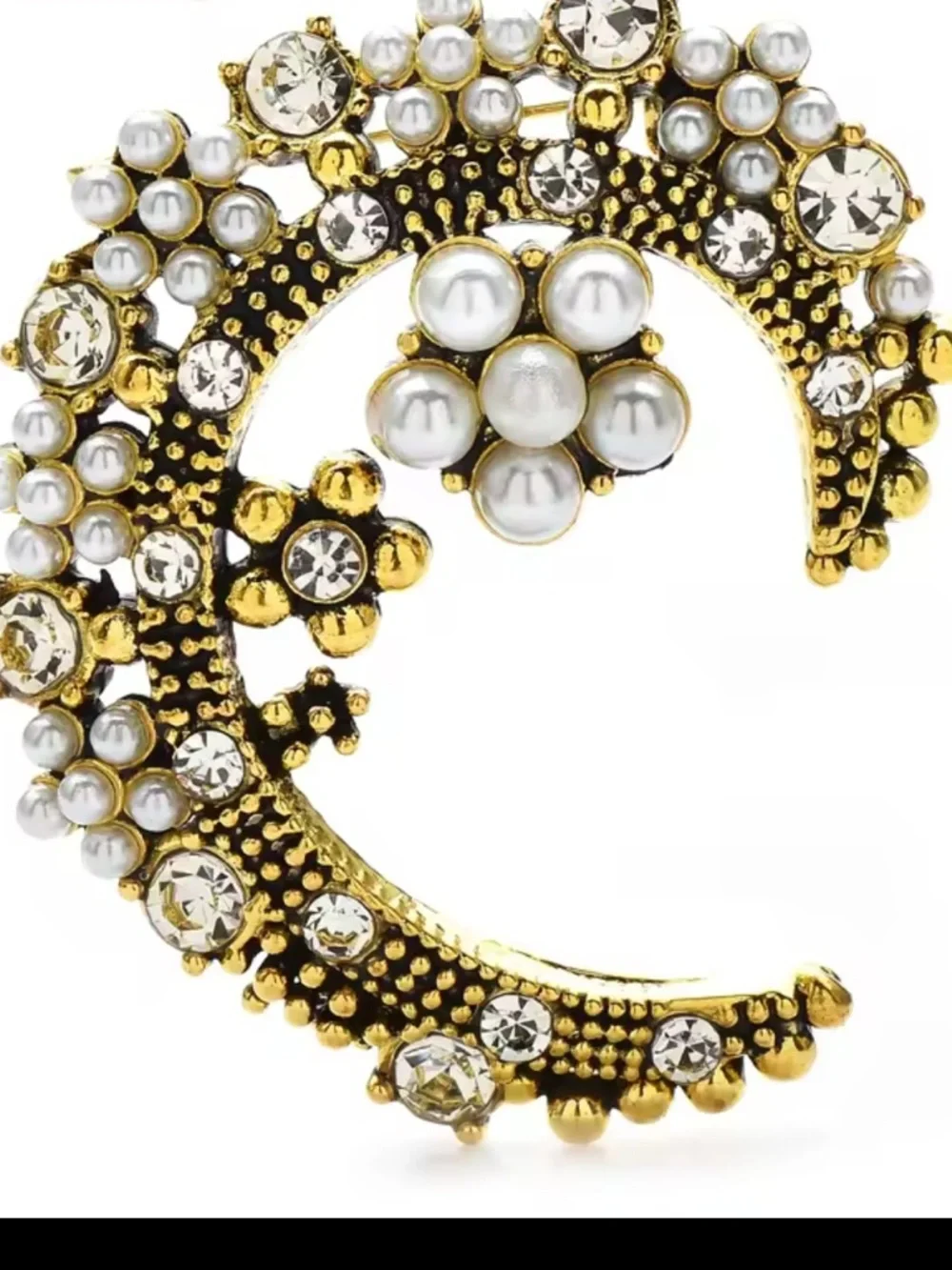 Celestial Crescent Pearl Cluster Gold Brooch